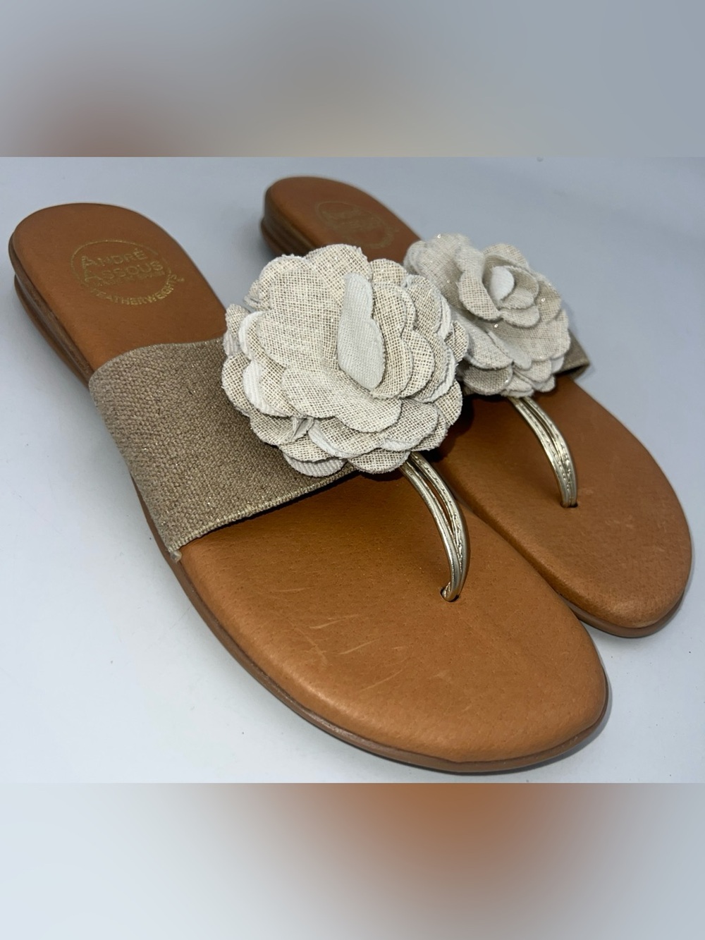 Andre Assous Nara Sandal Beige/Platino Flower Made In SpainWomen’s Size 9 NWOB.
